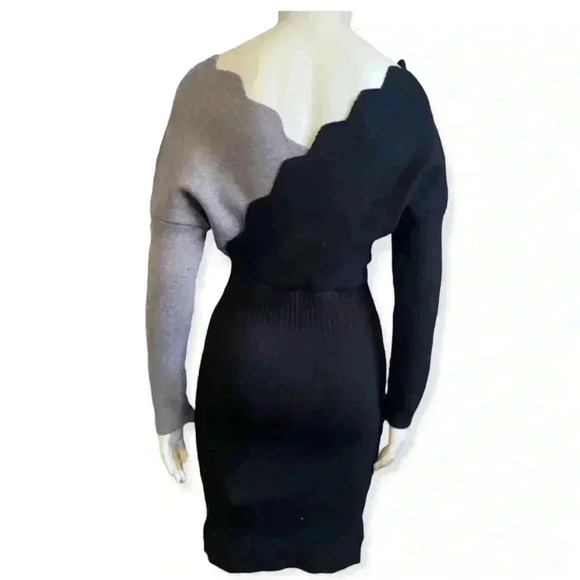 Sweater dress COLOR BLOCK ribbed knit faux wrap bodycon black gray women medium - Picture 6 of 16